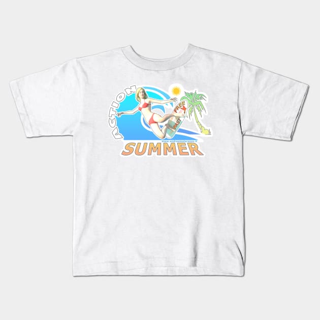 Girl in Action on Surf in Summer Kids T-Shirt by Andrea Matarazzo